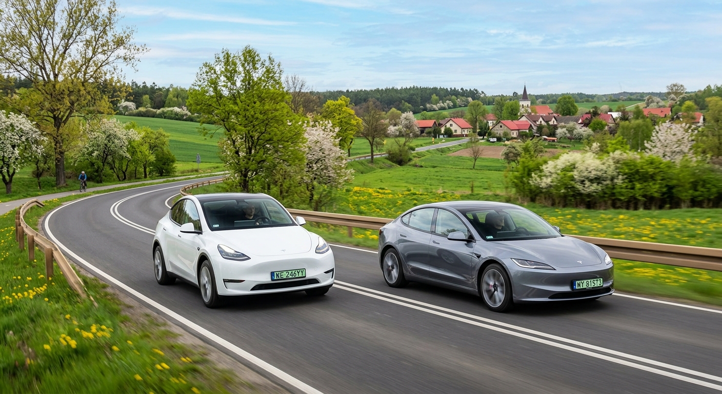 Tesla Model Y i Tesla Model 3 jadące obok siebie