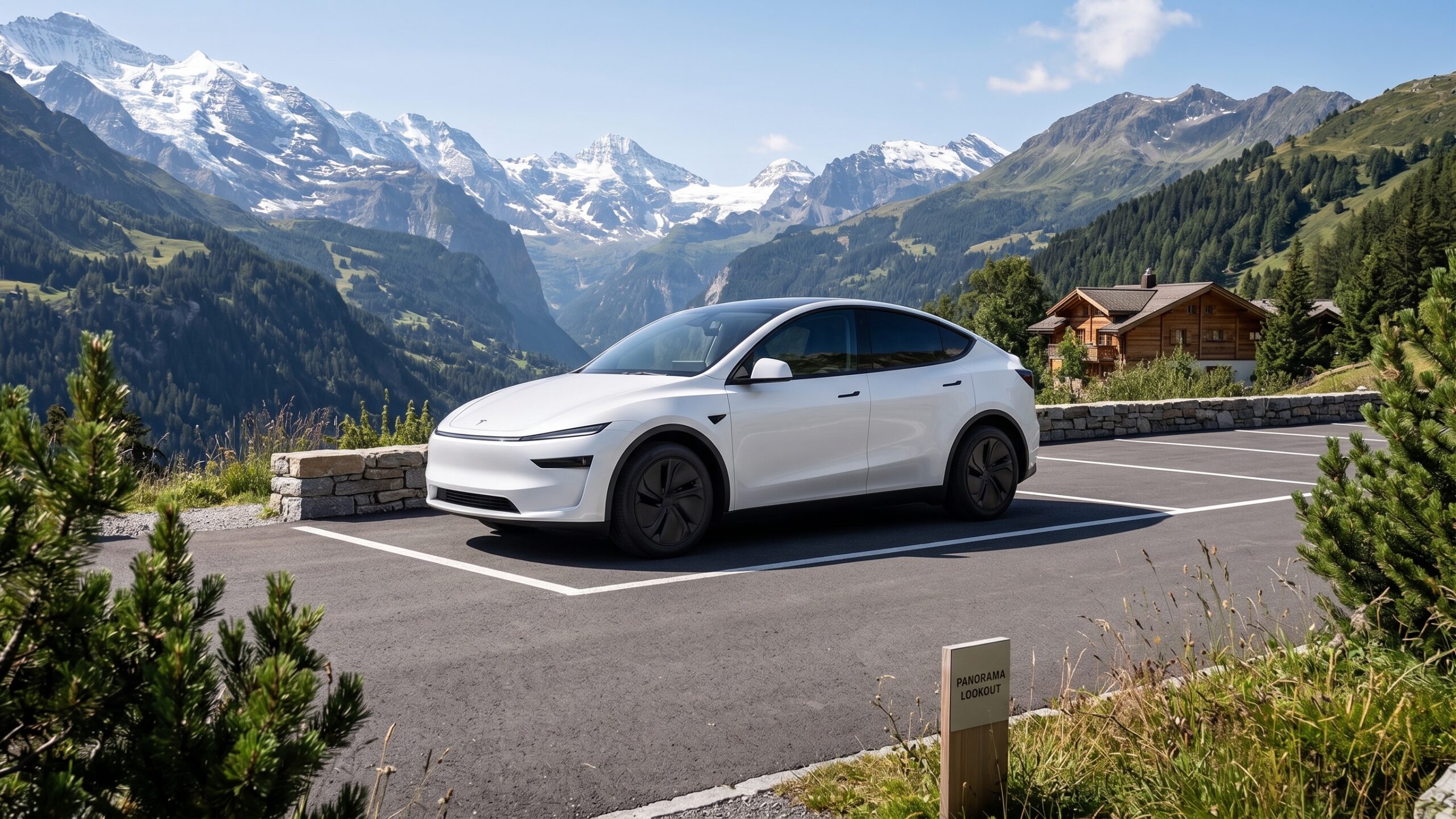 tesla na górskim parkingu